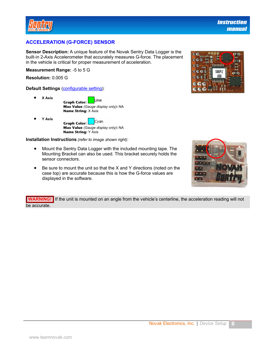 Acceleration g-force sensor, Cceleration, Orce | Ensor | Novak Sentry Data Logger User Manual | Page 8 / 35