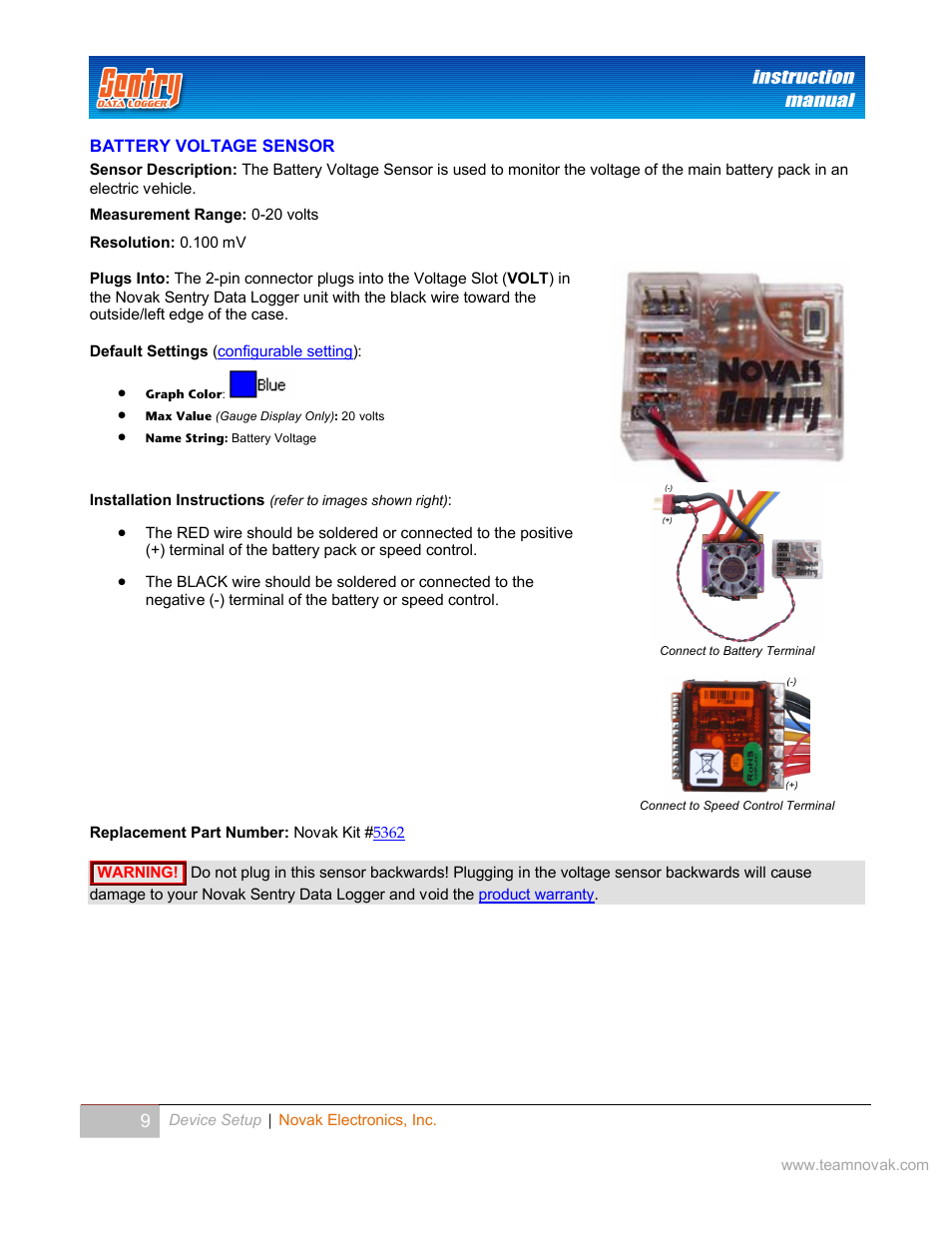 Battery voltage sensor, Attery, Oltage | Ensor | Novak Sentry Data Logger User Manual | Page 9 / 35
