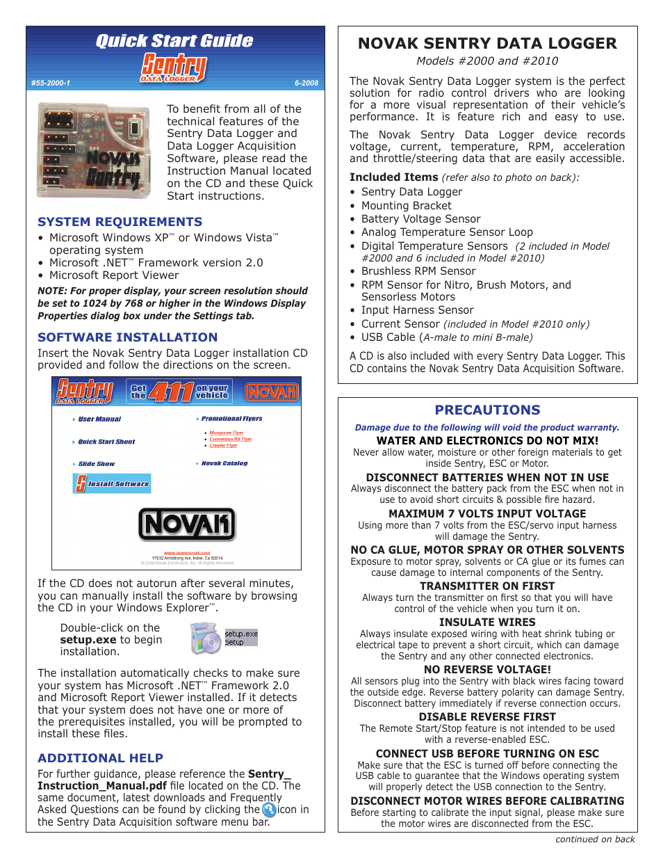 Novak Sentry Data Logger Quick Start Guide (2010) User Manual | 2 pages