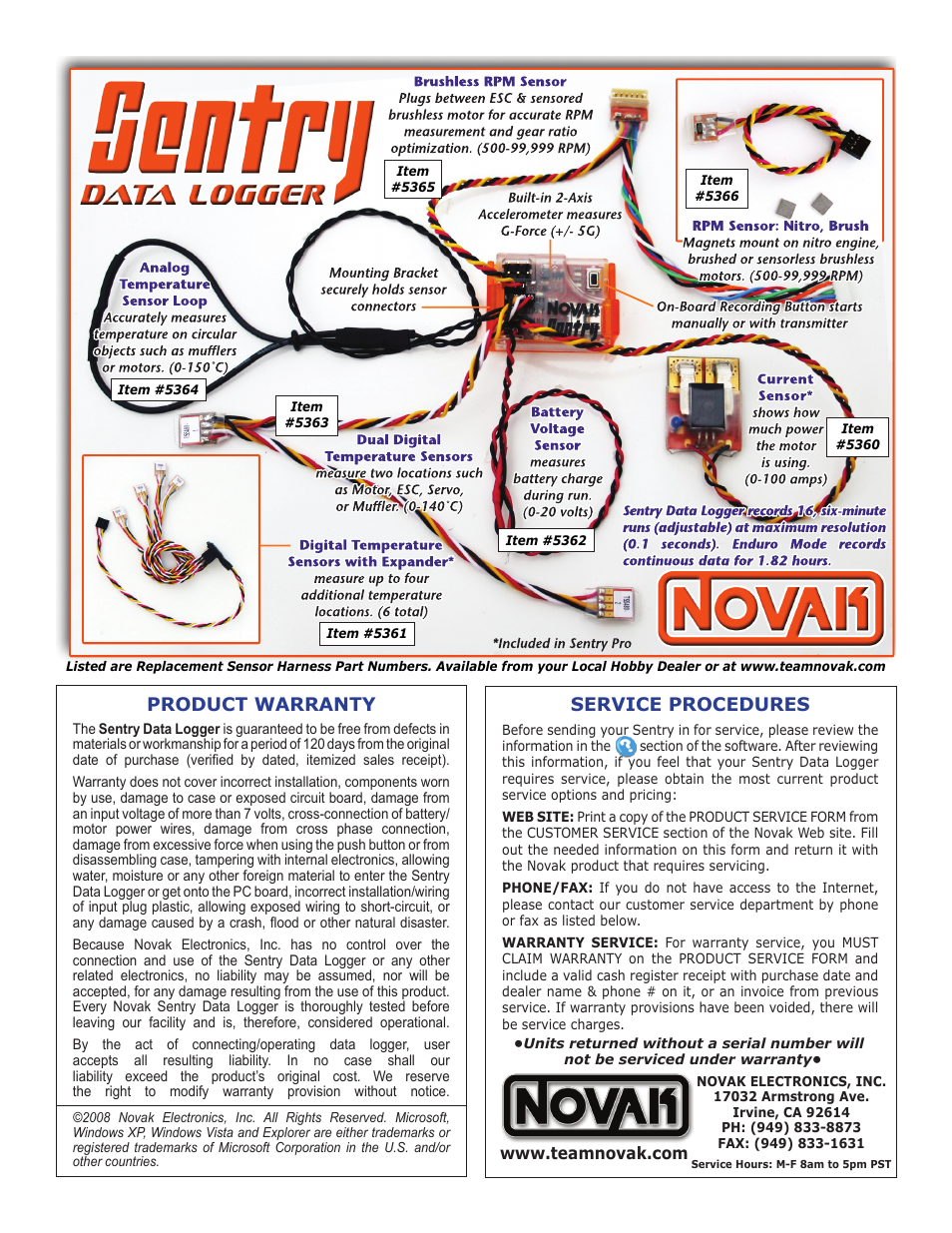 Product warranty, Service procedures | Novak Sentry Data Logger Quick Start Guide (2010) User Manual | Page 2 / 2