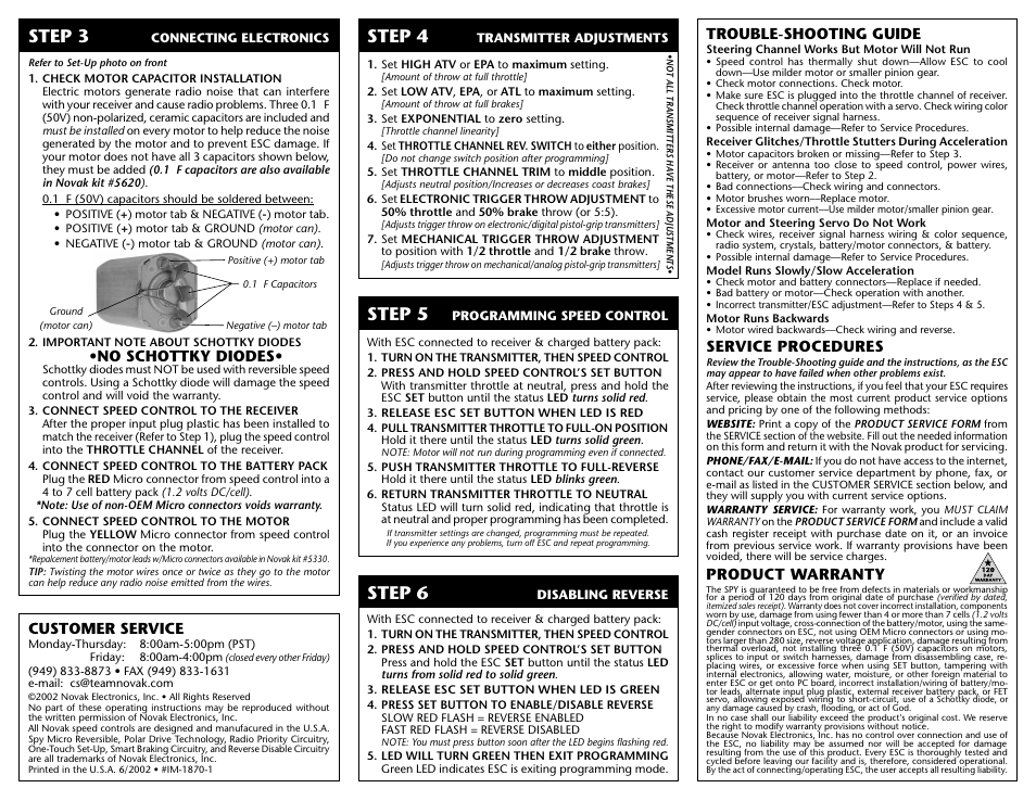 Step 3, Step 4, Step 5 | Step 6, No schottky diodes, Trouble-shooting guide, Service procedures, Product warranty, Customer service | Novak Spy Micro-Reversible ESC User Manual | Page 2 / 2
