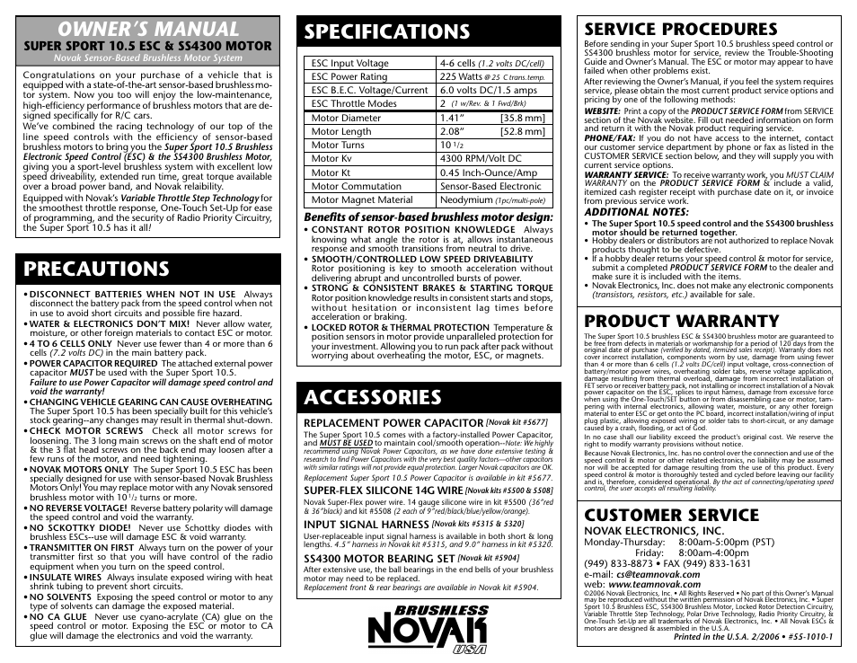 Novak Super Sport 10.5 ESC & SS4300 Motor (Team Losi XXX-T Brushless RTR) User Manual | 2 pages