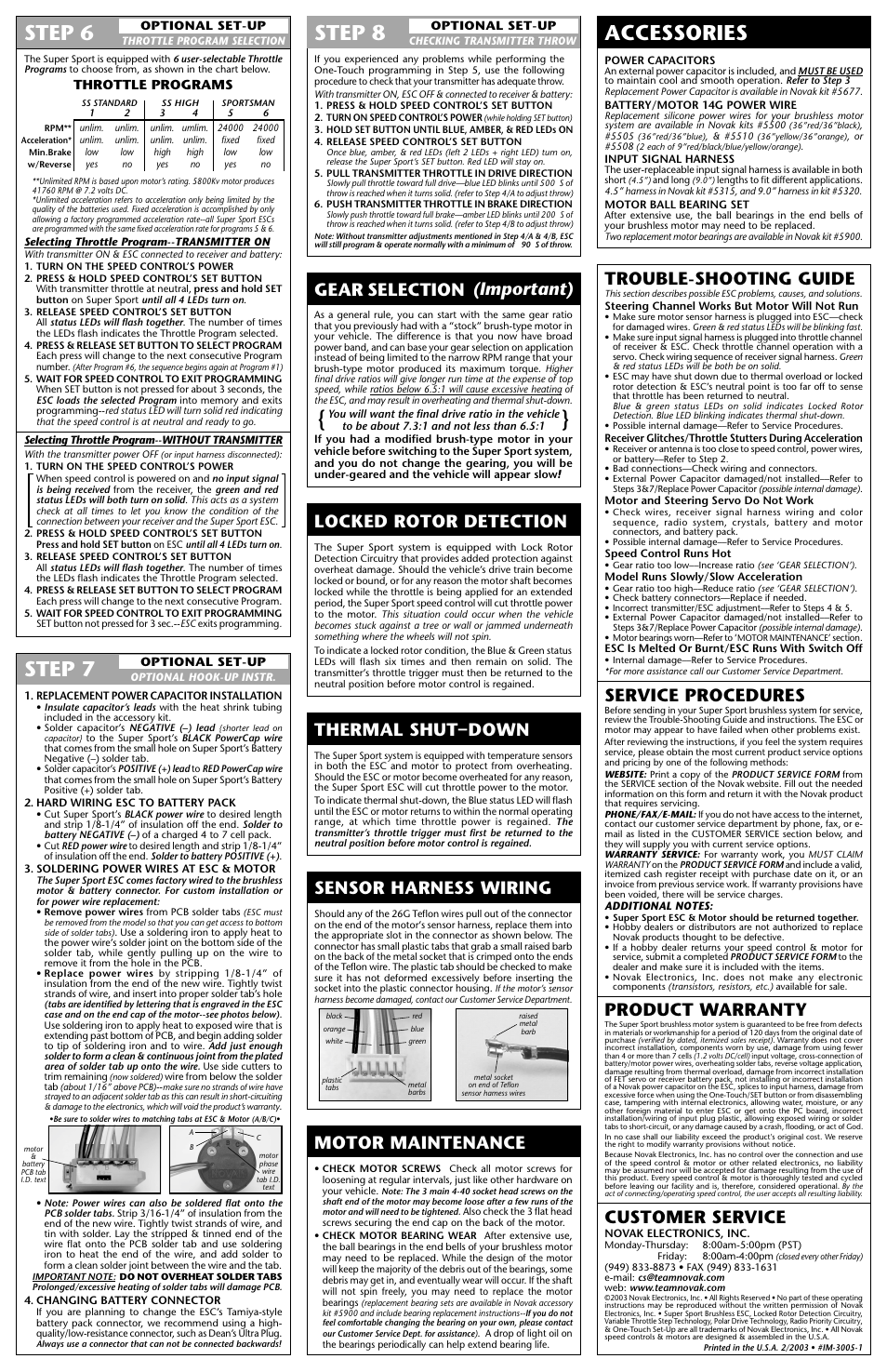 Step 8 step 6, Accessories, Step 7 | Trouble-shooting guide, Service procedures, Product warranty, Customer service, Locked rotor detection, Gear selection (important), Motor maintenance | Novak Super Sport Brushless Motor System (SS5800 & SS4300 Motors) (3005) User Manual | Page 2 / 2