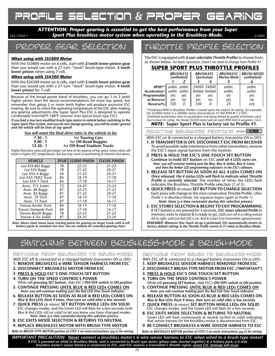Novak Super Sport Plus -- Programming & Gearing (55-1705P-1) User Manual | 2 pages