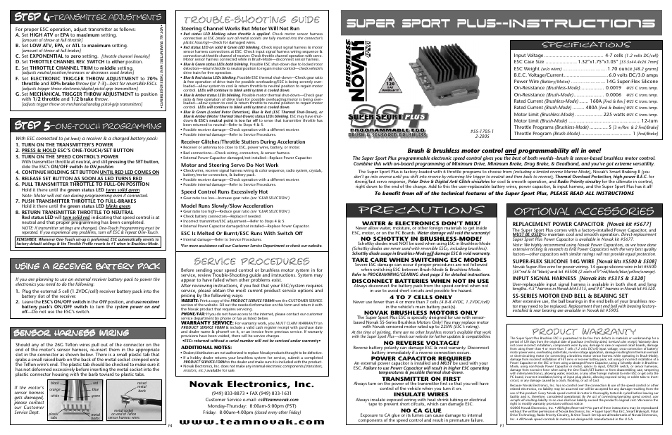 Novak Super Sport Plus Brushless Motor System (for SS5800 & SS4300 Motors) (55-1705-1) User Manual | 2 pages