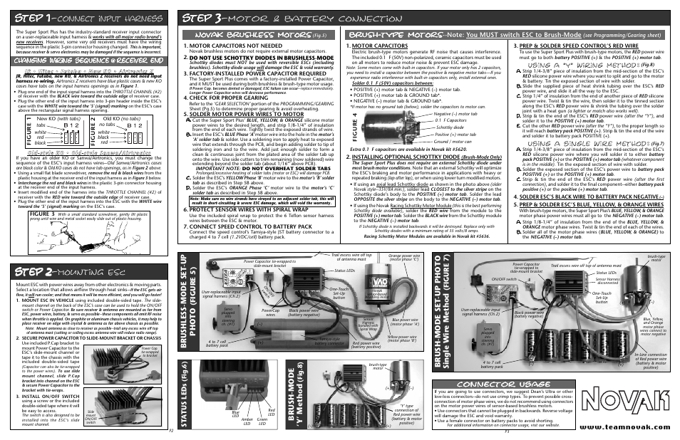 Step, Connect input harness, Motor & battery connection | Mounting esc, Brushless-mode set -up photo, Brush-mode set -up photo single w ire method, Brush-mode ‘y’ method, Figure 5), Figure 7), St a tus leds | Novak Super Sport Plus Brushless Motor System (for SS5800 & SS4300 Motors) (55-1705-1) User Manual | Page 2 / 2