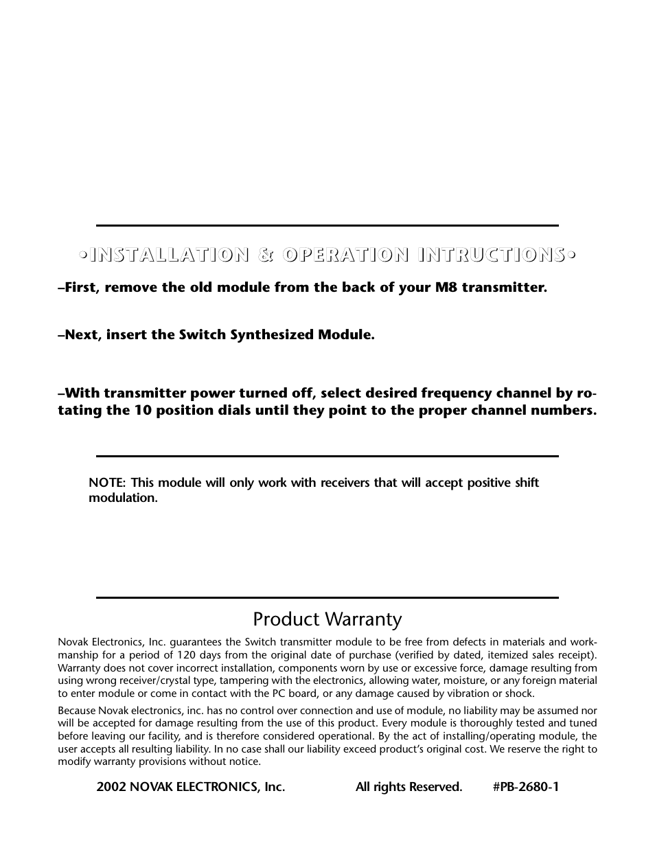 Novak Switch Synthesized FM Module User Manual | 1 page