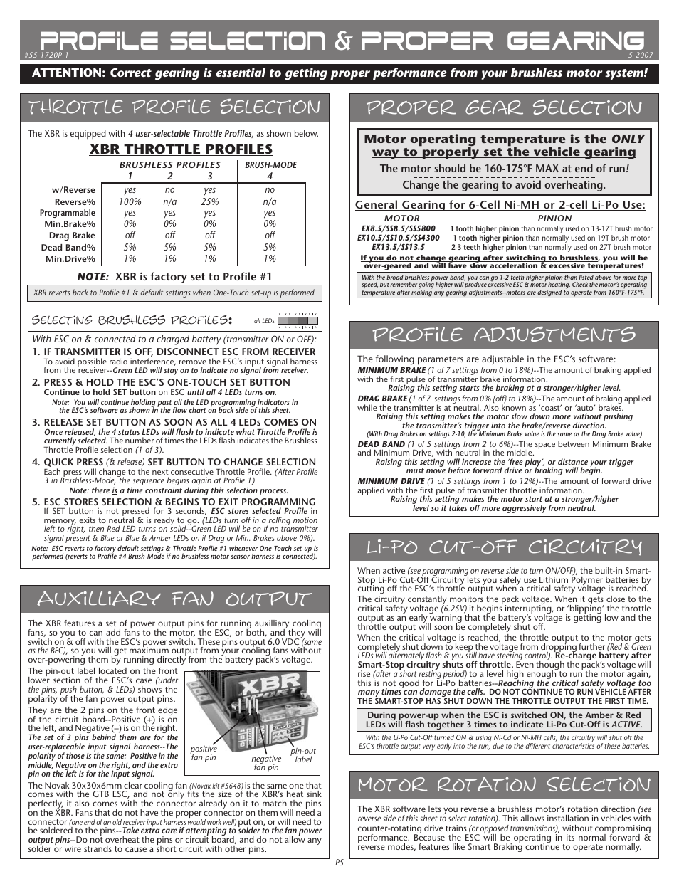 Novak XBR Sport Brushless/Brush ESC Profile & Gearing Guide (55-1720P-1) User Manual | 2 pages