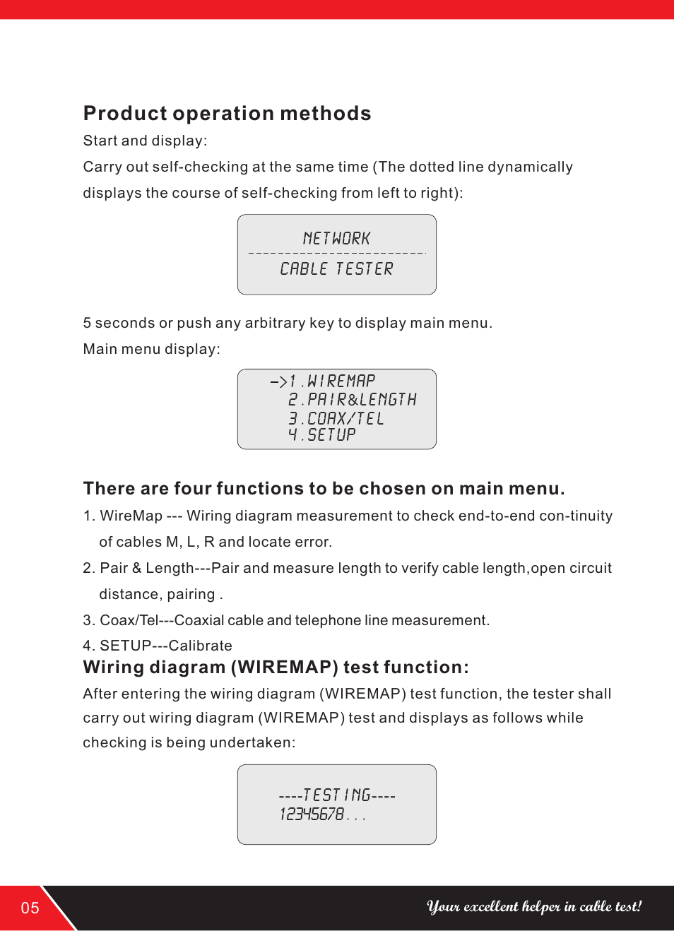 Product operation methods, Wiring diagram (wiremap) test function, There are four functions to be chosen on main menu | NOYAFA NF-8208 User Manual | Page 8 / 16