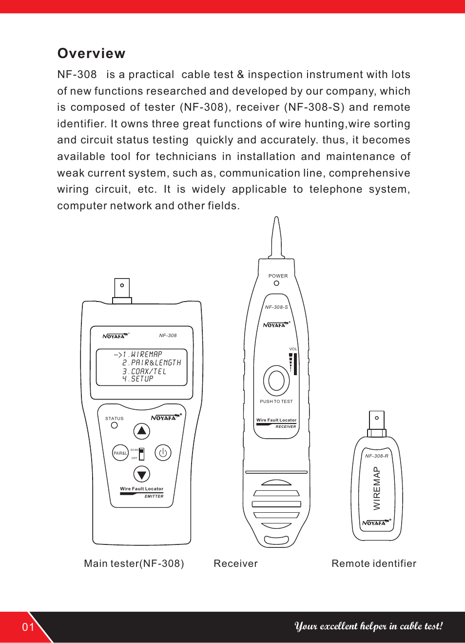 Overview, 01 your excellent helper in cable test, Main tester(nf-308) receiver remote identifier | NOYAFA NF-308 User Manual | Page 4 / 16