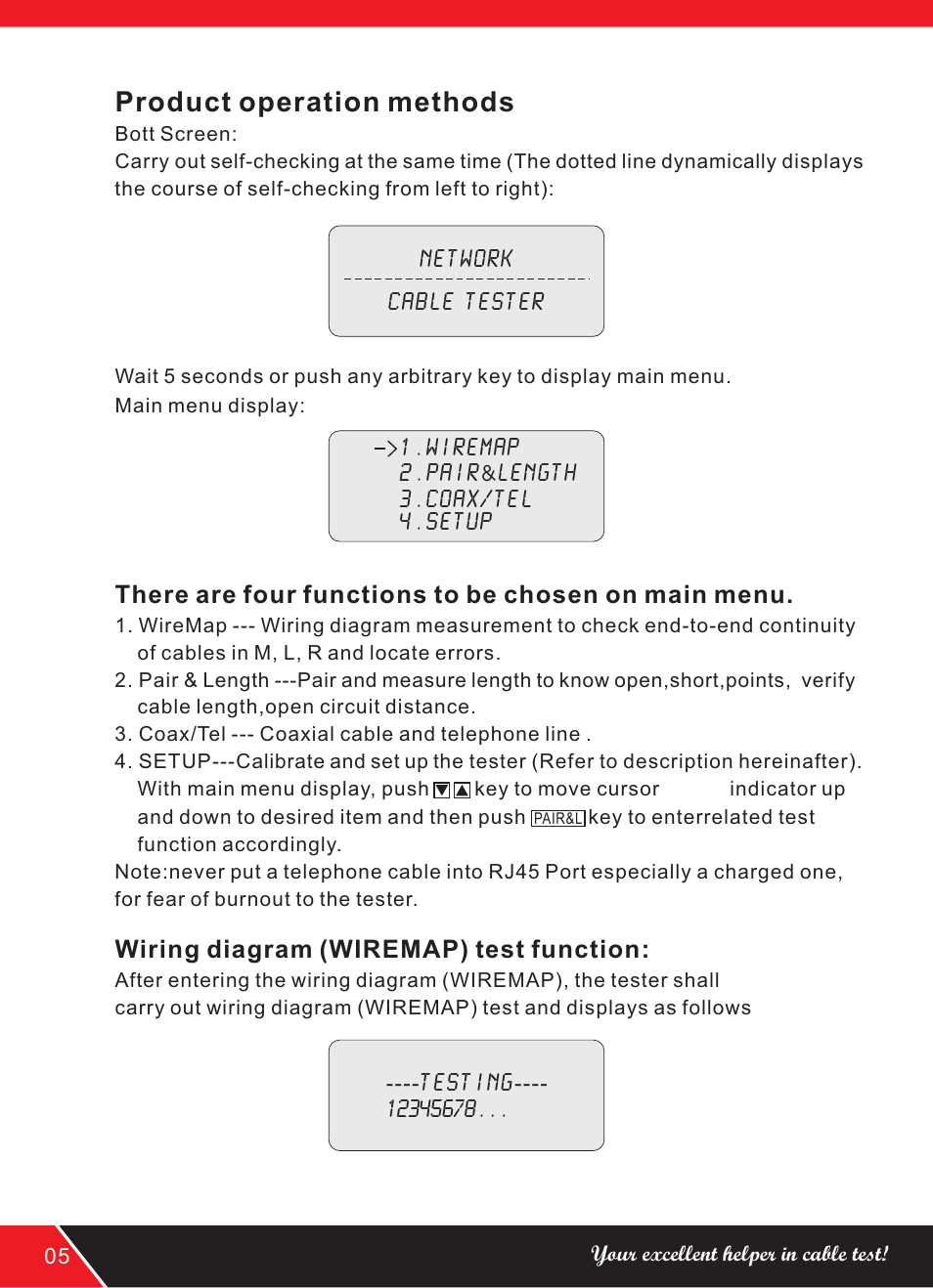 Product operation methods, Wiring diagram (wiremap) test function, There are four functions to be chosen on main menu | NOYAFA NF-308 User Manual | Page 8 / 16