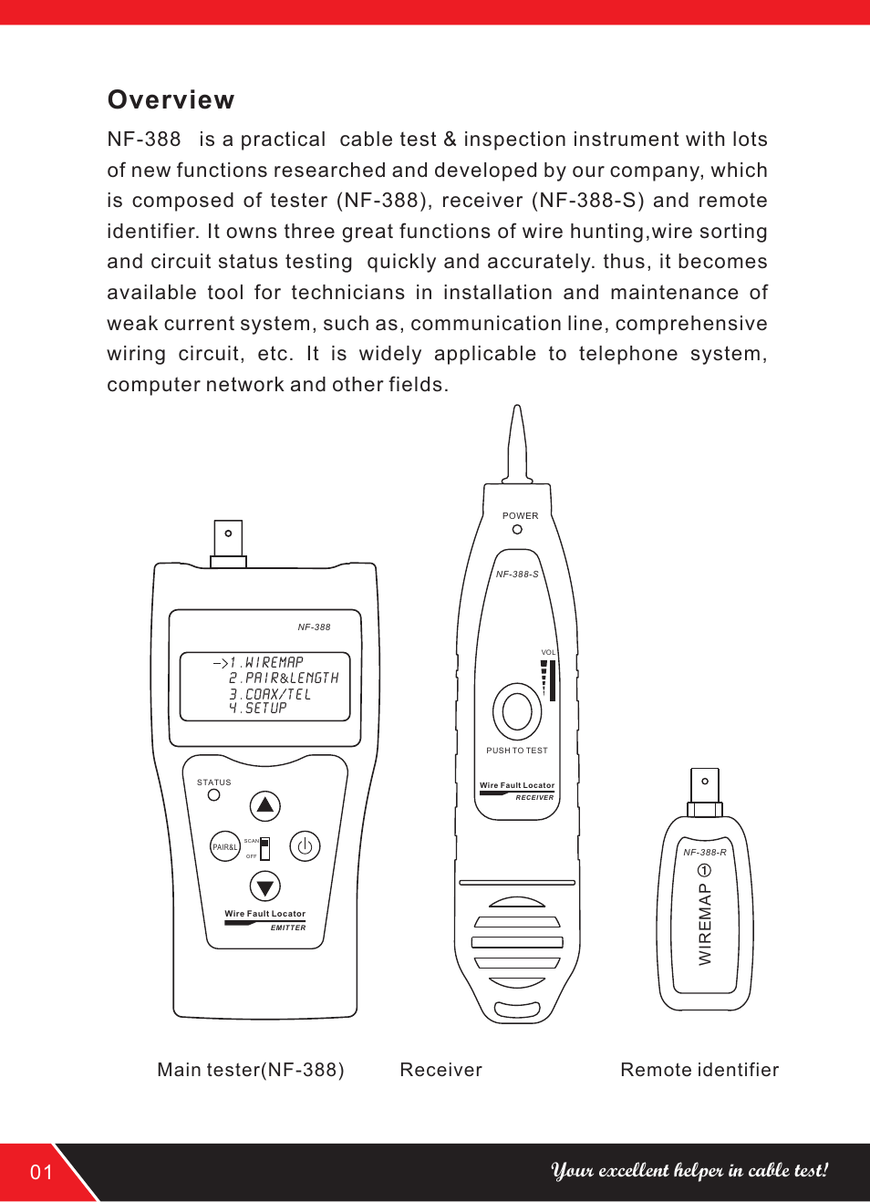 Overview, Your excellent helper in cable test! 01, Main tester(nf-388) receiver remote identifier | NOYAFA NF-388 User Manual | Page 4 / 16