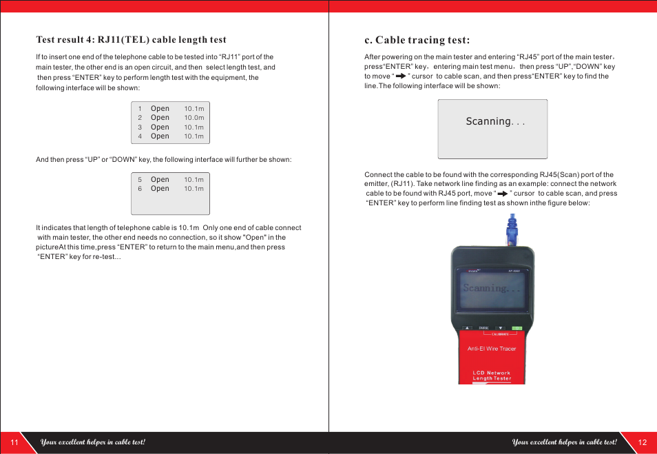 C. cable tracing test, Test result 4: rj11(tel) cable length test, Scanning | NOYAFA NF-8200 User Manual | Page 8 / 12