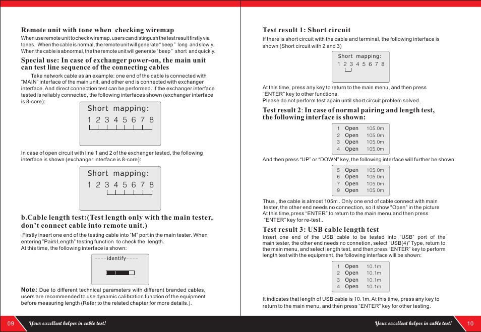 Short mapping, Remote unit with tone when checking wiremap, Test result 1: short circuit | Test result 3: usb cable length test | NOYAFA NF-868A User Manual | Page 7 / 12