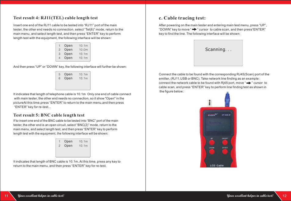 C. cable tracing test, Test result 4: rj11(tel) cable length test, Test result 5: bnc cable length test | Scanning | NOYAFA NF-868A User Manual | Page 8 / 12