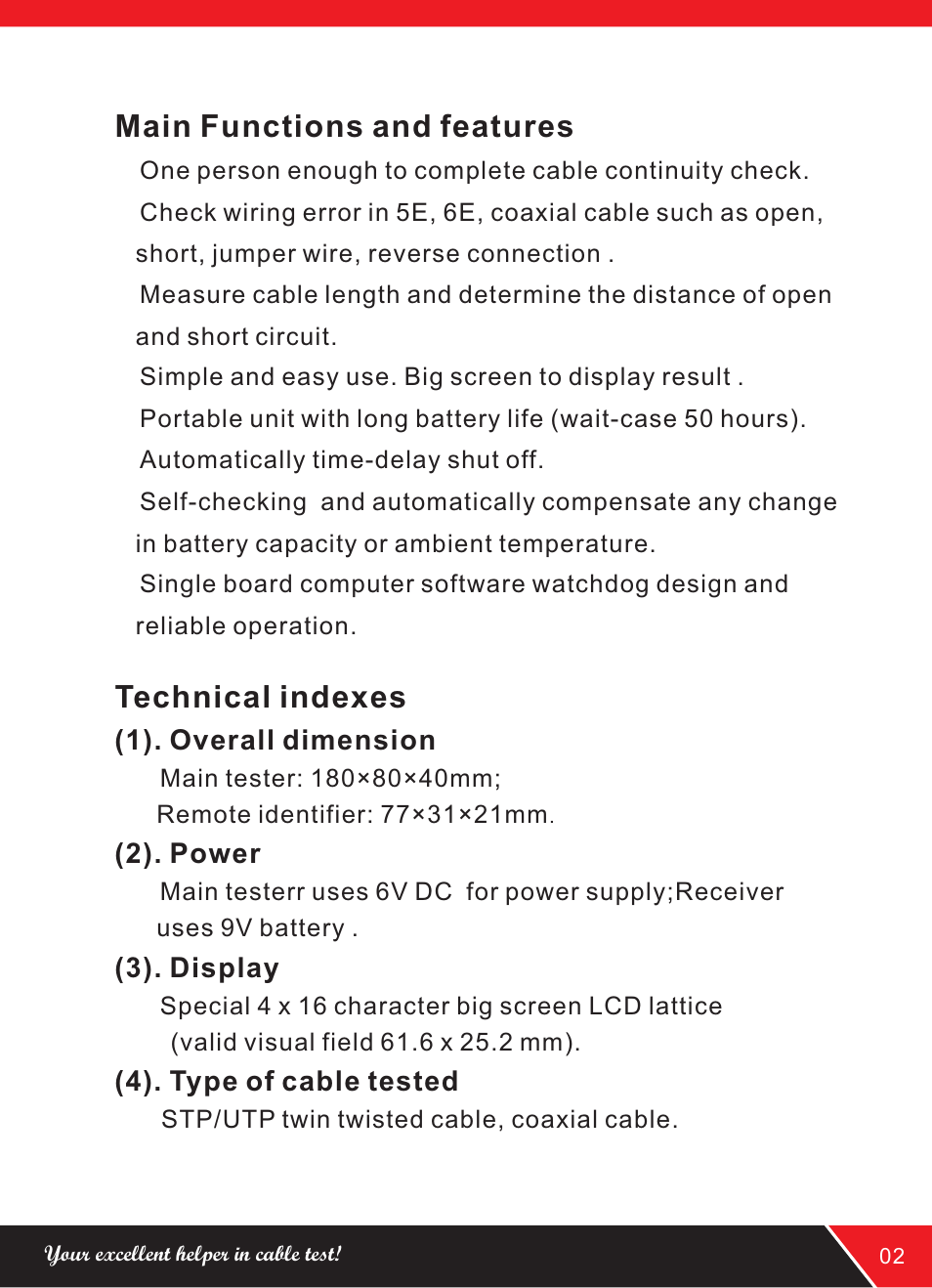 Main functions and features, Technical indexes | NOYAFA NF-8108 User Manual | Page 5 / 16