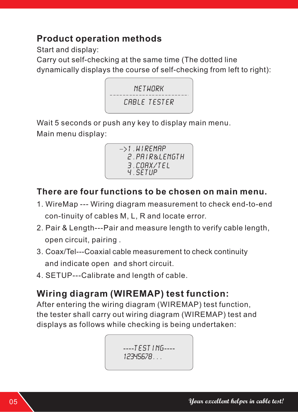 Product operation methods, Wiring diagram (wiremap) test function | NOYAFA NF-8108 User Manual | Page 8 / 16