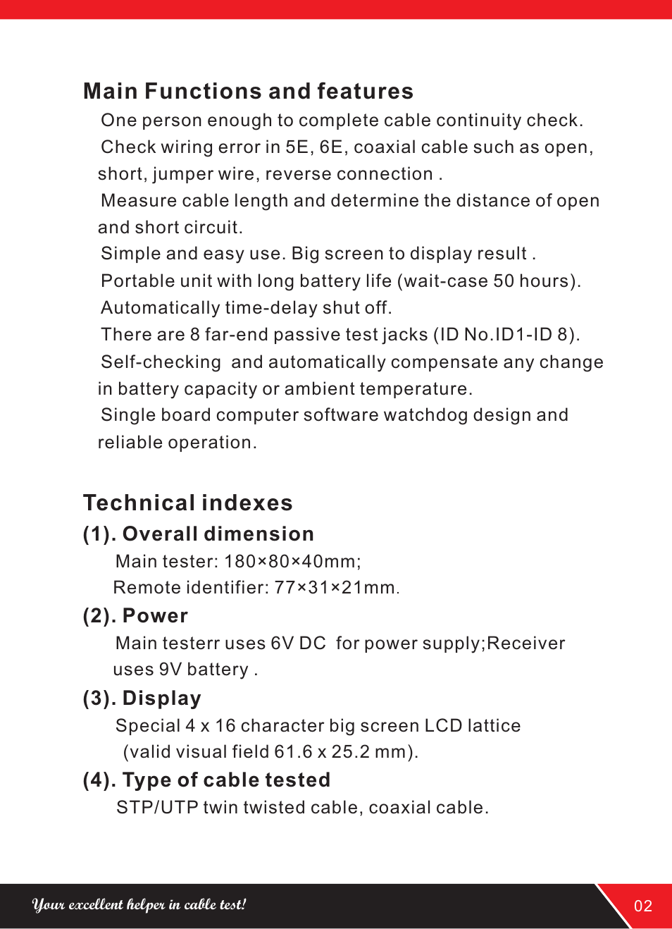 Main functions and features, Technical indexes | NOYAFA NF8108-M User Manual | Page 5 / 16