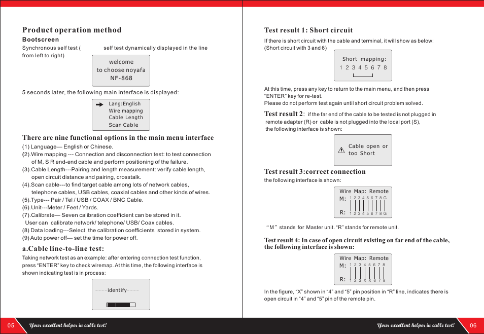 Product operation method, Test result 2, Test result 3:correct connection | NOYAFA NF-868 User Manual | Page 5 / 12