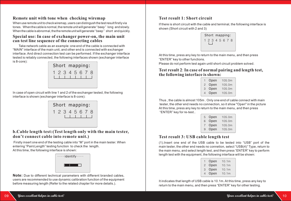 Short mapping, Remote unit with tone when checking wiremap, Test result 1: short circuit | Test result 3: usb cable length test | NOYAFA NF-868 User Manual | Page 7 / 12