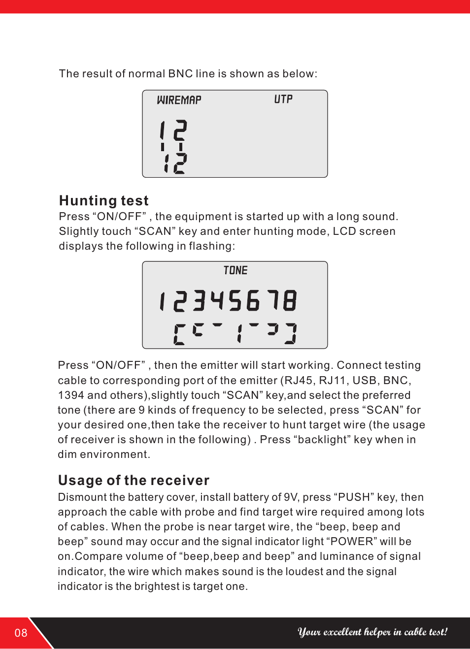 页 12, Hunting test, Usage of the receiver | NOYAFA NF-838 User Manual | Page 12 / 16