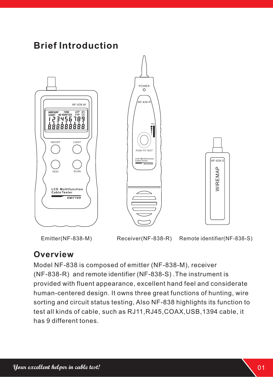Brief introduction, Overview, Your excellent helper in cable test! 01 | NOYAFA NF-838 User Manual | Page 5 / 16