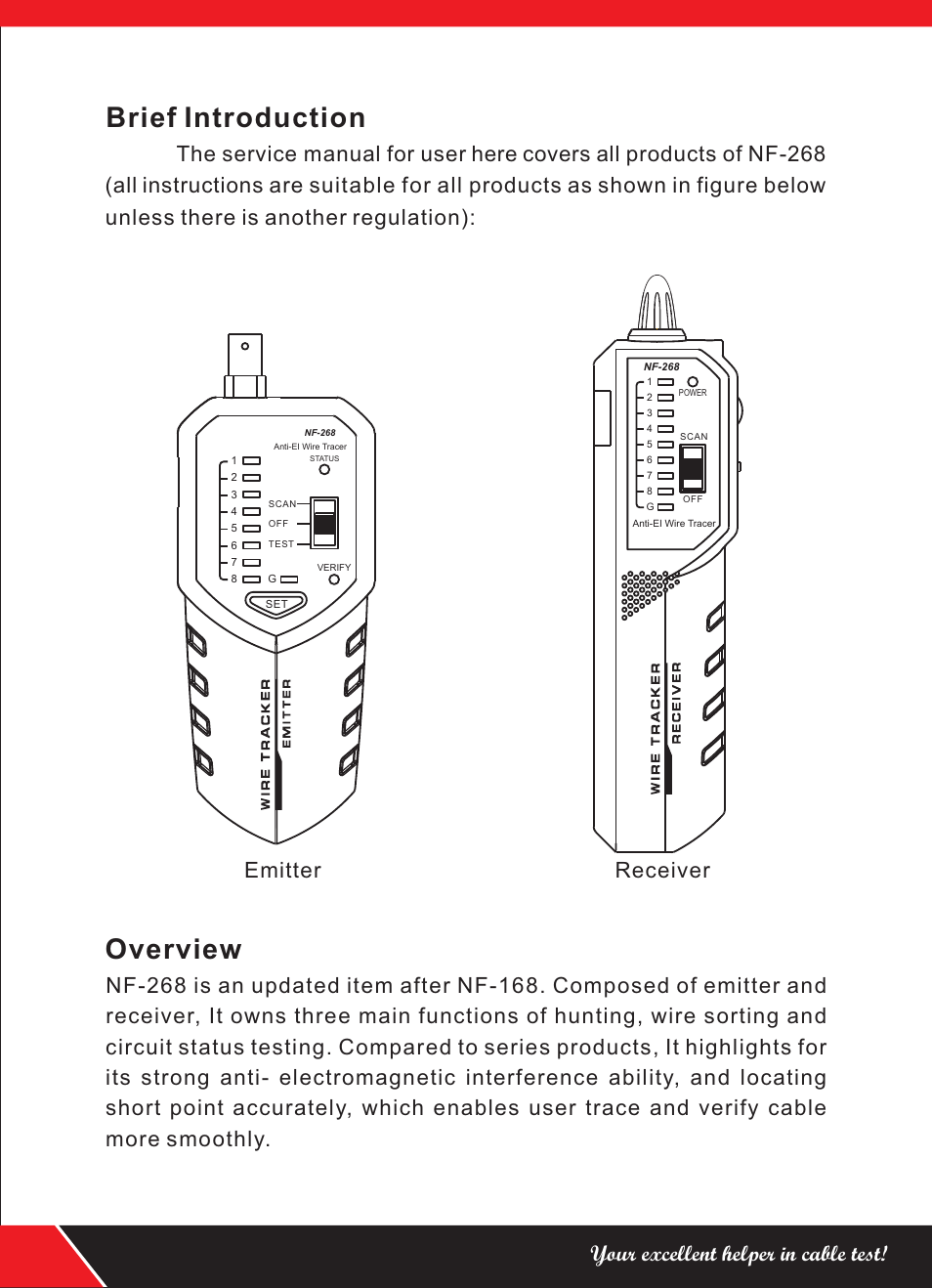 Overview, Brief introduction, Emitter receiver | Your excellent helper in cable test | NOYAFA NF-268 User Manual | Page 2 / 12