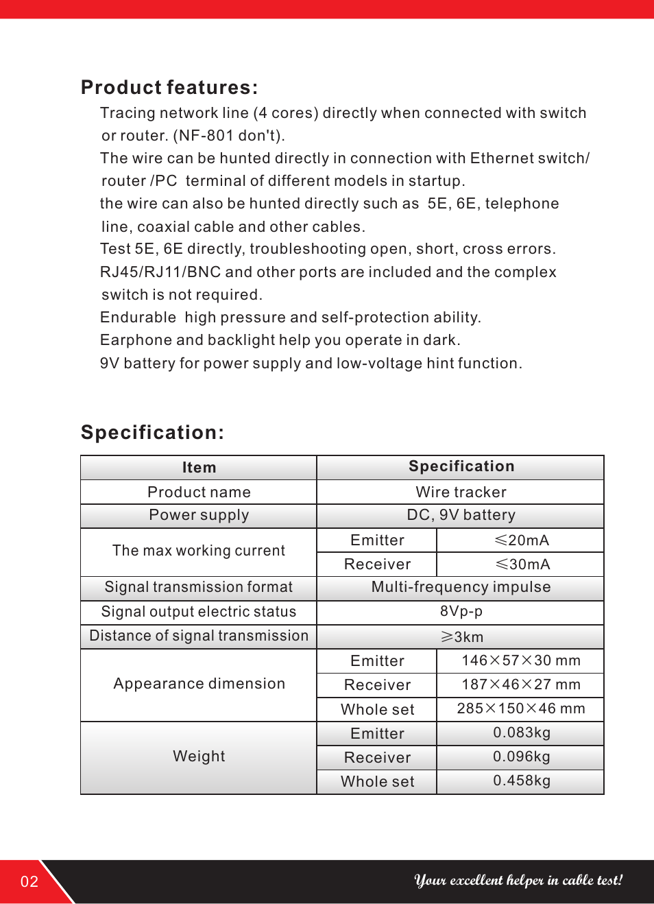 Product features, Specification | NOYAFA NF-168 User Manual | Page 6 / 16