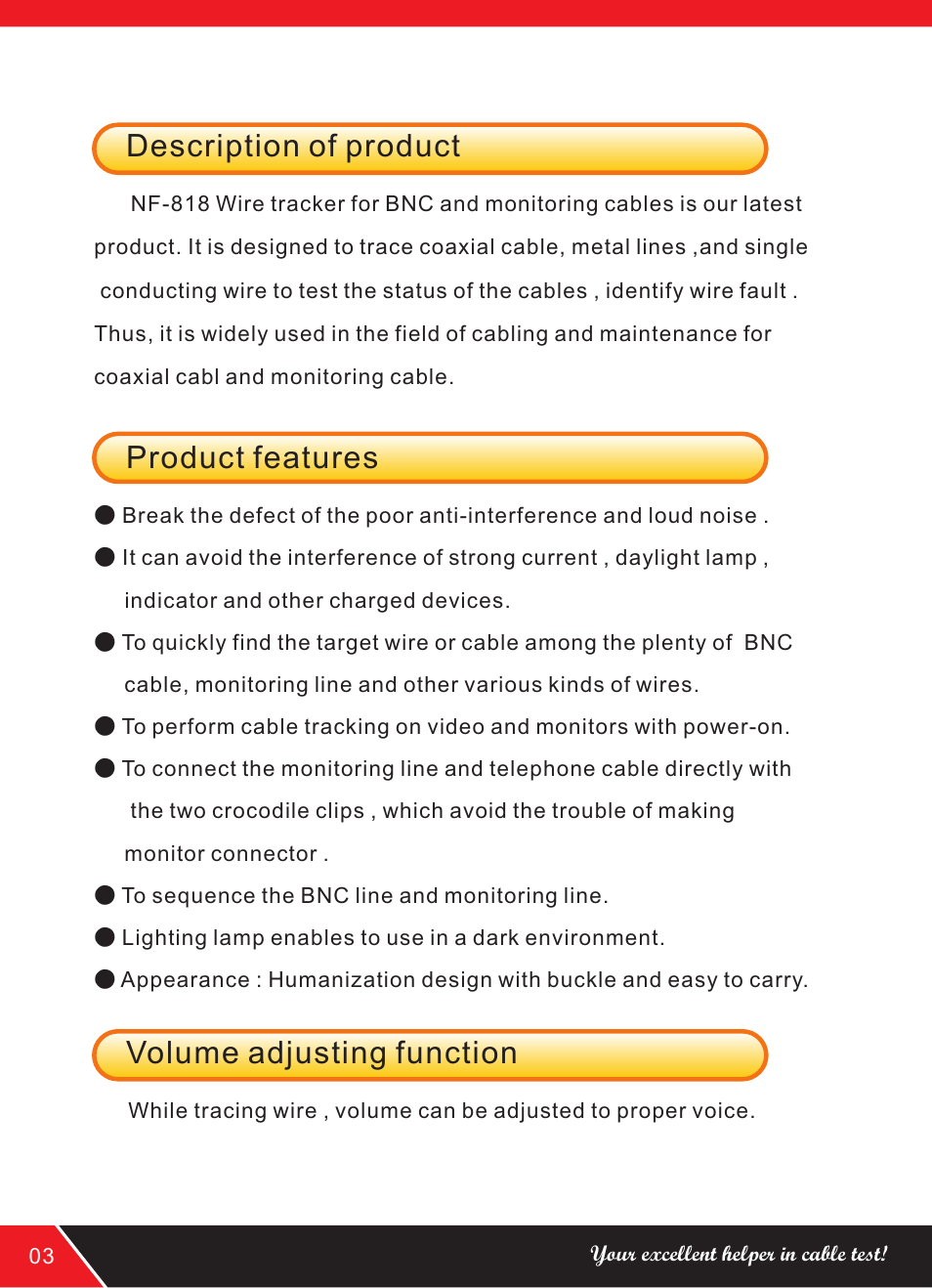 Description of product, Product features, Volume adjusting function | NOYAFA NF-818 User Manual | Page 6 / 12