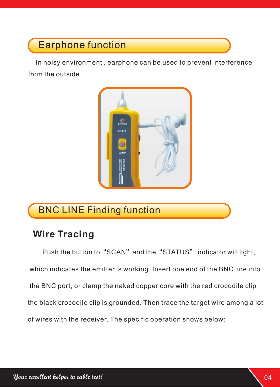 Earphone function, Bnc line finding function, Wire tracing | NOYAFA NF-818 User Manual | Page 7 / 12