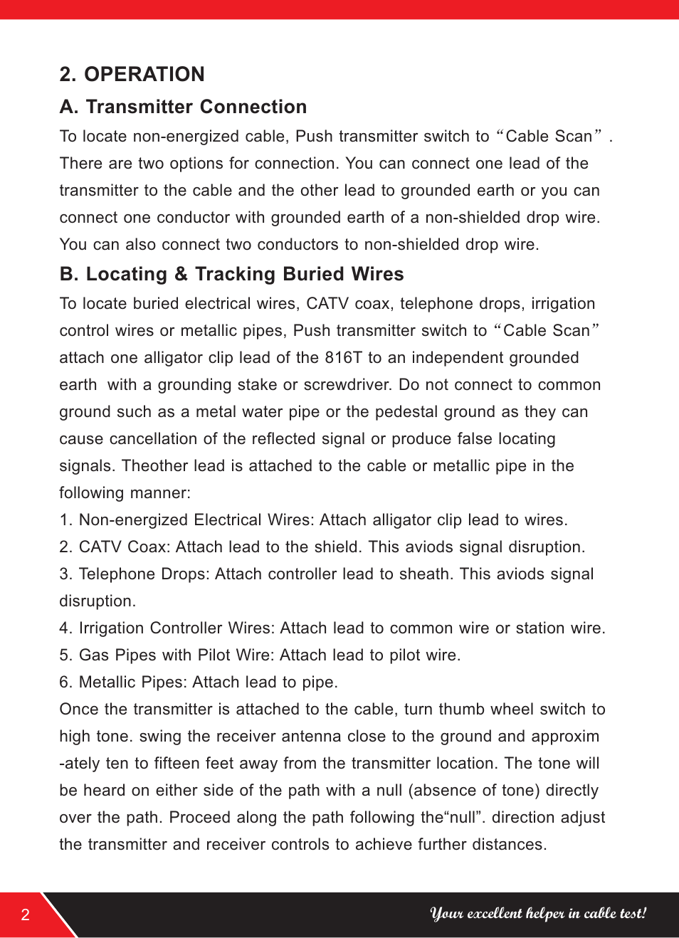 Operation, A. transmitter connection, B. locating & tracking buried wires | NOYAFA NF-816 User Manual | Page 4 / 12