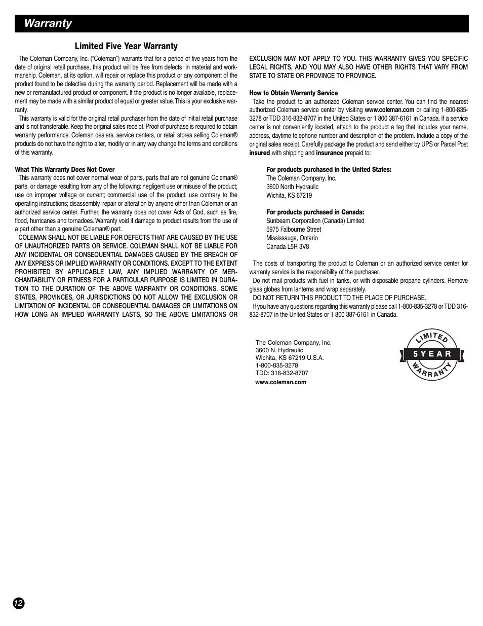 Warranty, Limited five year warranty | Coleman 9944-857 User Manual | Page 12 / 36