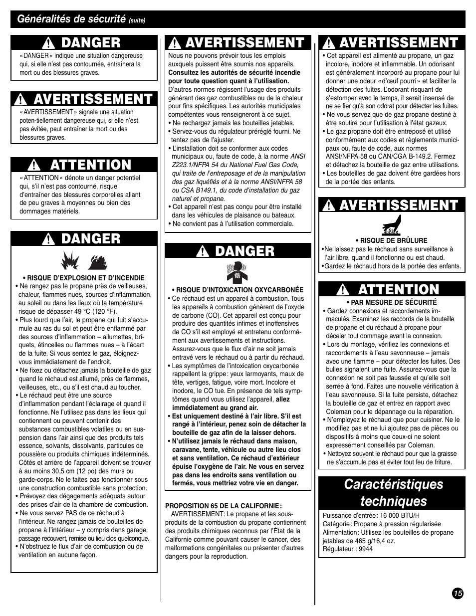 Danger, Avertissement, Attention | Caractéristiques techniques, Généralités de sécurité | Coleman 9944-857 User Manual | Page 15 / 36