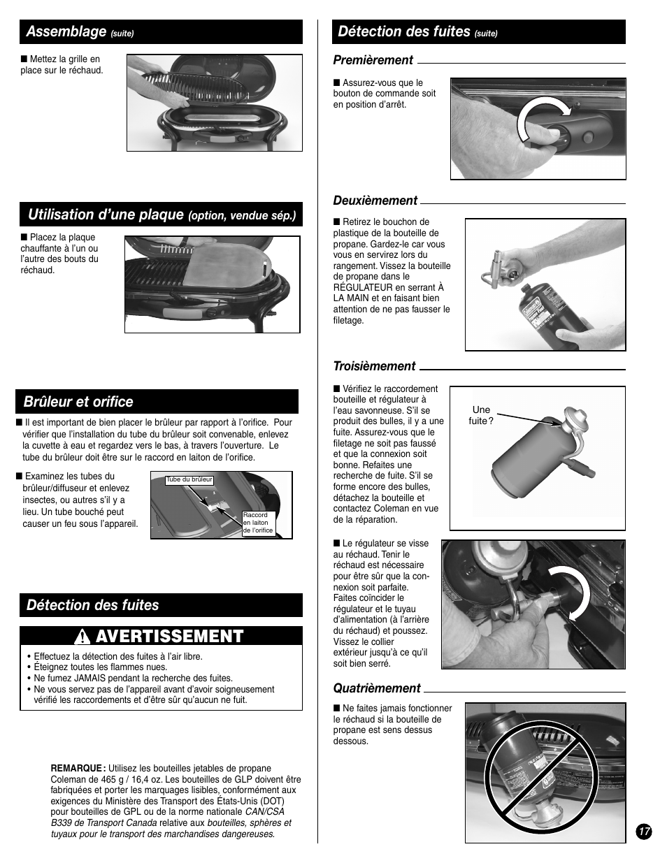 Avertissement, Détection des fuites, Assemblage | Utilisation d’une plaque, Brûleur et orifice | Coleman 9944-857 User Manual | Page 17 / 36