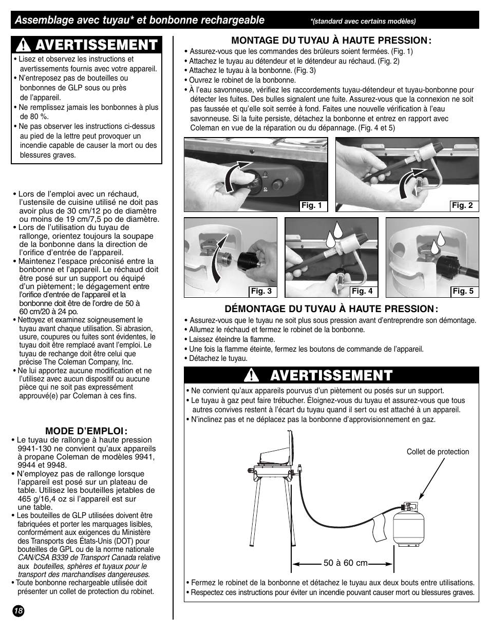 Avertissement, Assemblage avec tuyau* et bonbonne rechargeable | Coleman 9944-857 User Manual | Page 18 / 36