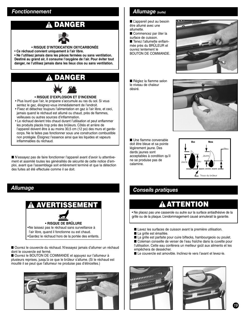 Attention, Danger, Avertissement | Allumage, Conseils pratiques, Fonctionnement allumage | Coleman 9944-857 User Manual | Page 19 / 36