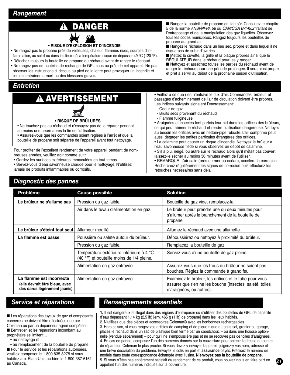 Avertissement, Danger, Rangement entretien | Diagnostic des pannes, Service et réparations, Renseignements essentiels | Coleman 9944-857 User Manual | Page 21 / 36