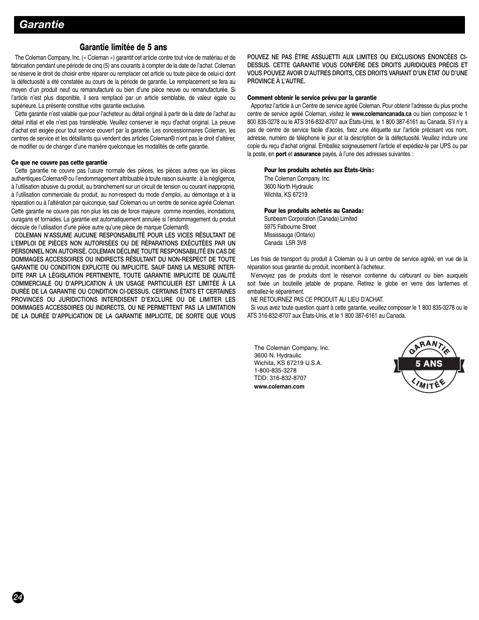 Garantie, Garantie limitée de 5 ans | Coleman 9944-857 User Manual | Page 24 / 36