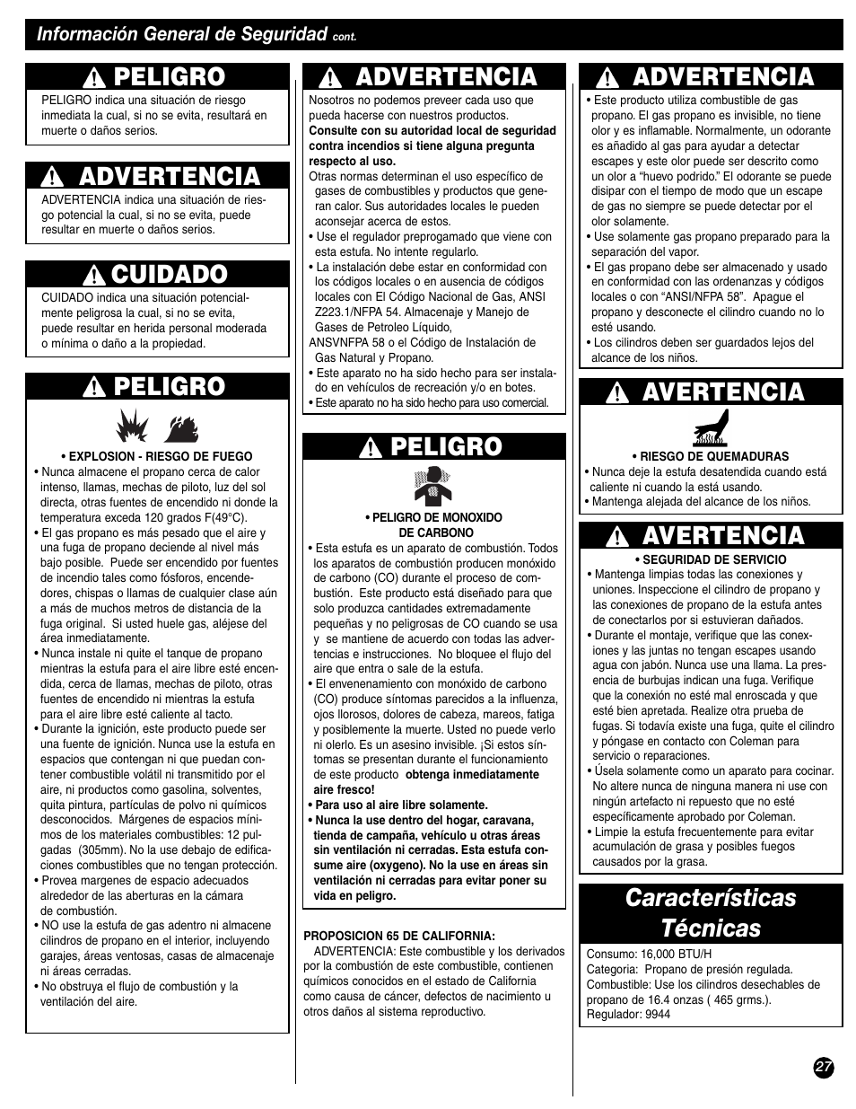 Peligro, Advertencia, Avertencia | Cuidado, Características técnicas, Información general de seguridad | Coleman 9944-857 User Manual | Page 27 / 36