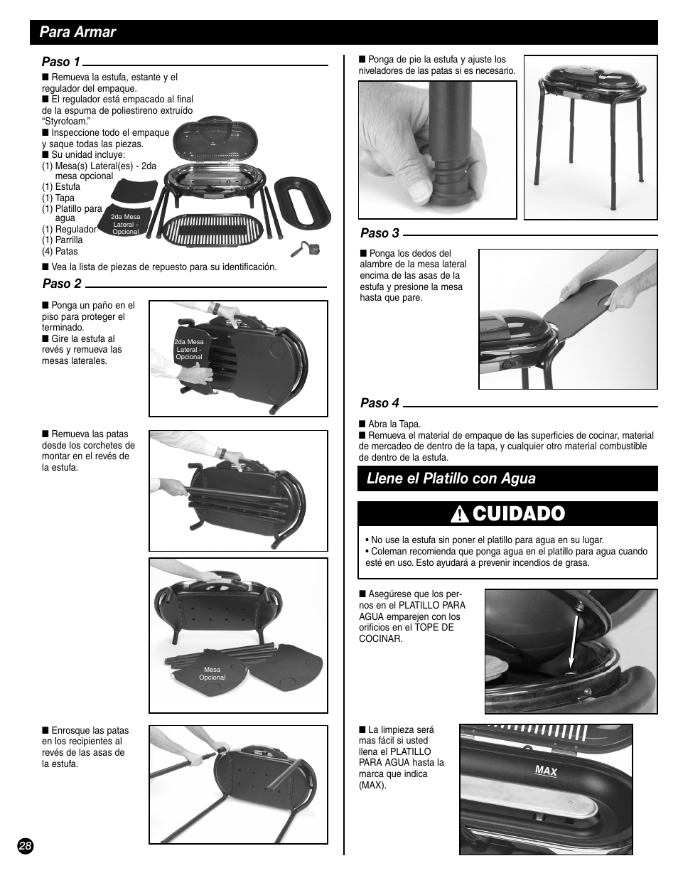 Cuidado, Para armar, Llene el platillo con agua | Paso 1, Paso 2, Paso 3 paso 4 | Coleman 9944-857 User Manual | Page 28 / 36