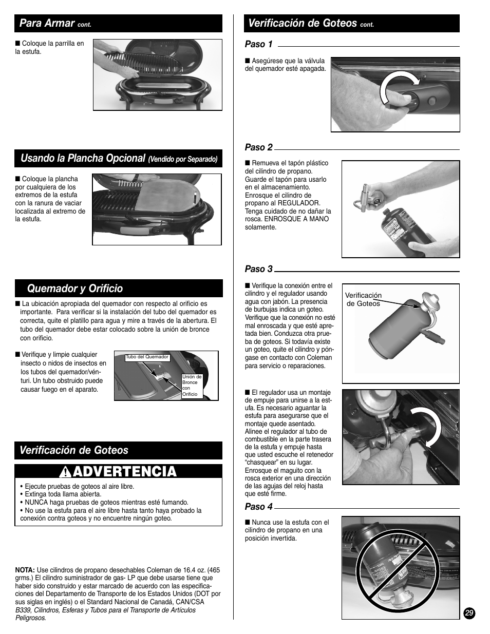 Advertencia, Verificación de goteos, Para armar | Usando la plancha opcional, Quemador y orificio | Coleman 9944-857 User Manual | Page 29 / 36