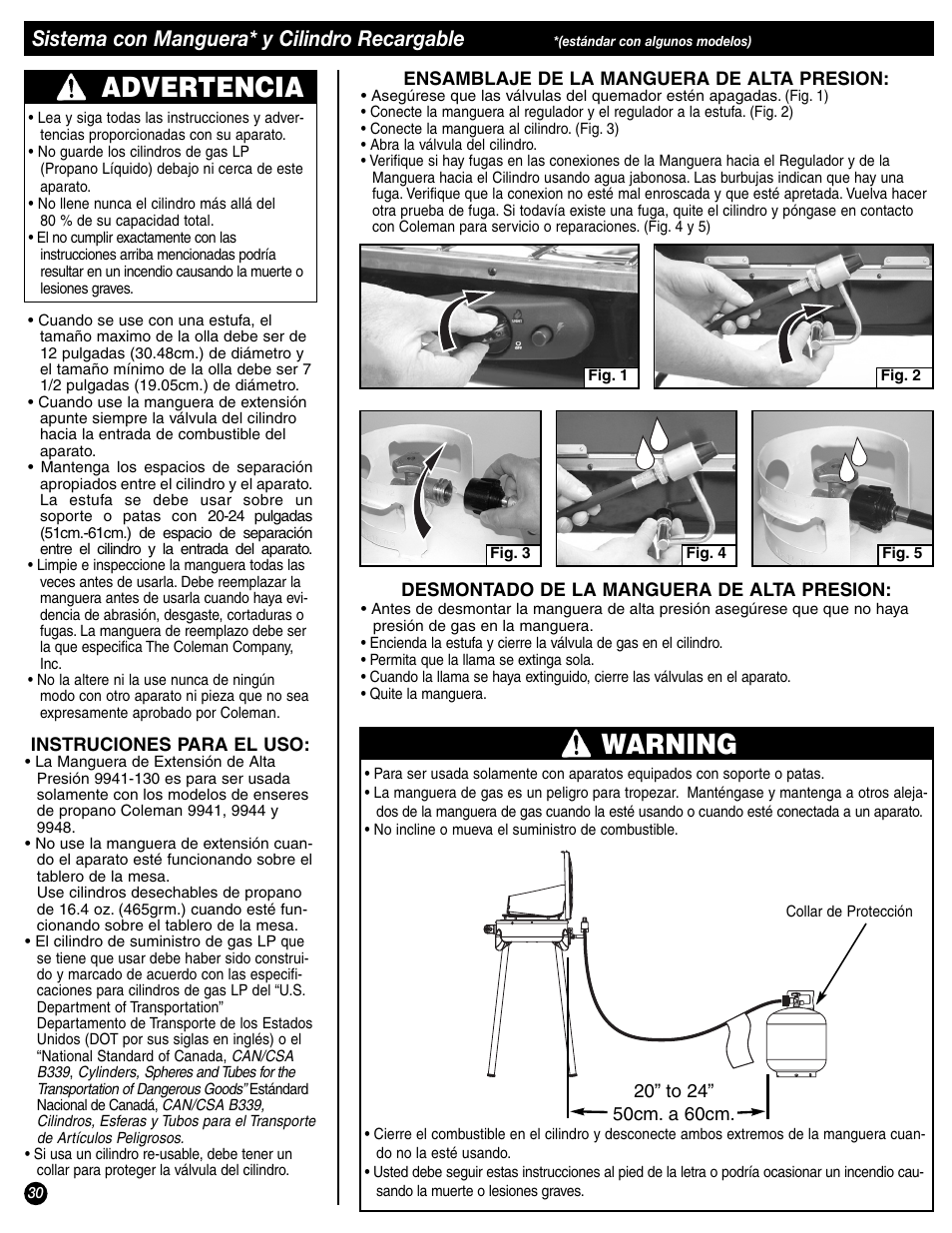 Advertencia, Warning, Sistema con manguera* y cilindro recargable | Coleman 9944-857 User Manual | Page 30 / 36