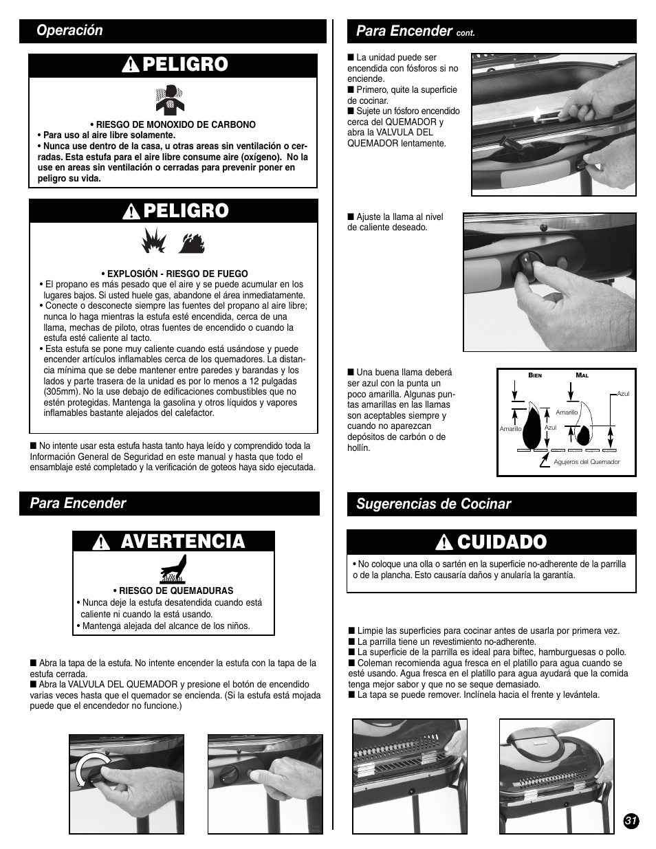 Cuidado, Peligro, Avertencia | Para encender, Sugerencias de cocinar, Operación | Coleman 9944-857 User Manual | Page 31 / 36