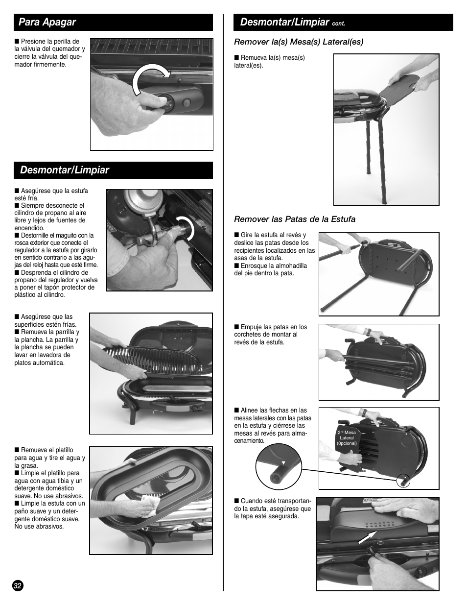 Para apagar desmontar/limpiar, Desmontar/limpiar | Coleman 9944-857 User Manual | Page 32 / 36