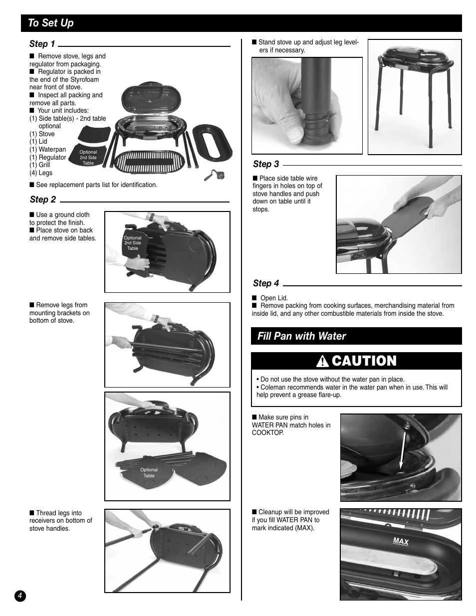 Caution, Fill pan with water, Step 1 | Step 2, Step 3 step 4 | Coleman 9944-857 User Manual | Page 4 / 36