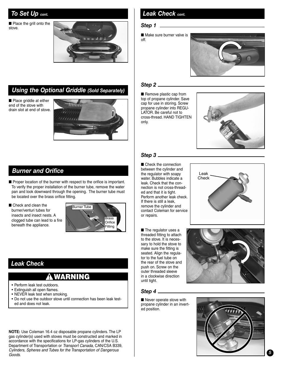 Warning, Leak check, Using the optional griddle | Burner and orifice | Coleman 9944-857 User Manual | Page 5 / 36