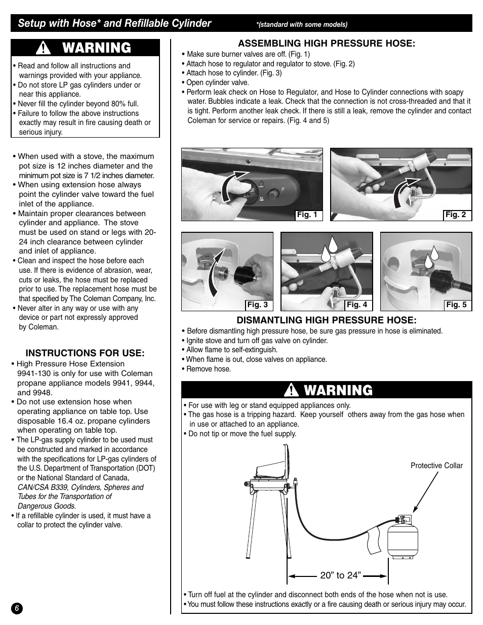 Warning, Setup with hose* and refillable cylinder | Coleman 9944-857 User Manual | Page 6 / 36