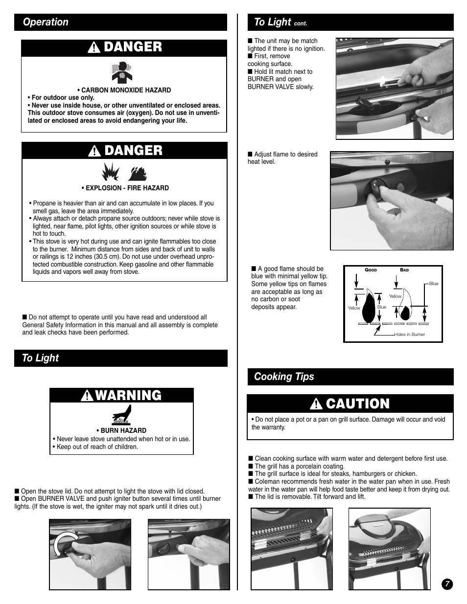 Caution, Danger, Warning | Cooking tips, Operation to light | Coleman 9944-857 User Manual | Page 7 / 36