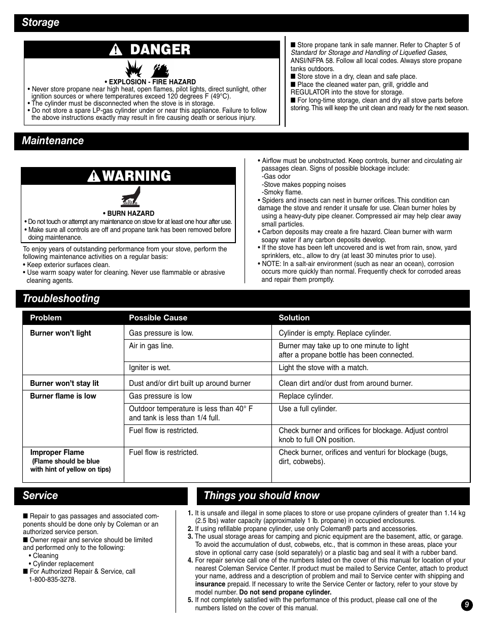 Warning, Danger, Storage maintenance | Troubleshooting, Service, Things you should know | Coleman 9944-857 User Manual | Page 9 / 36