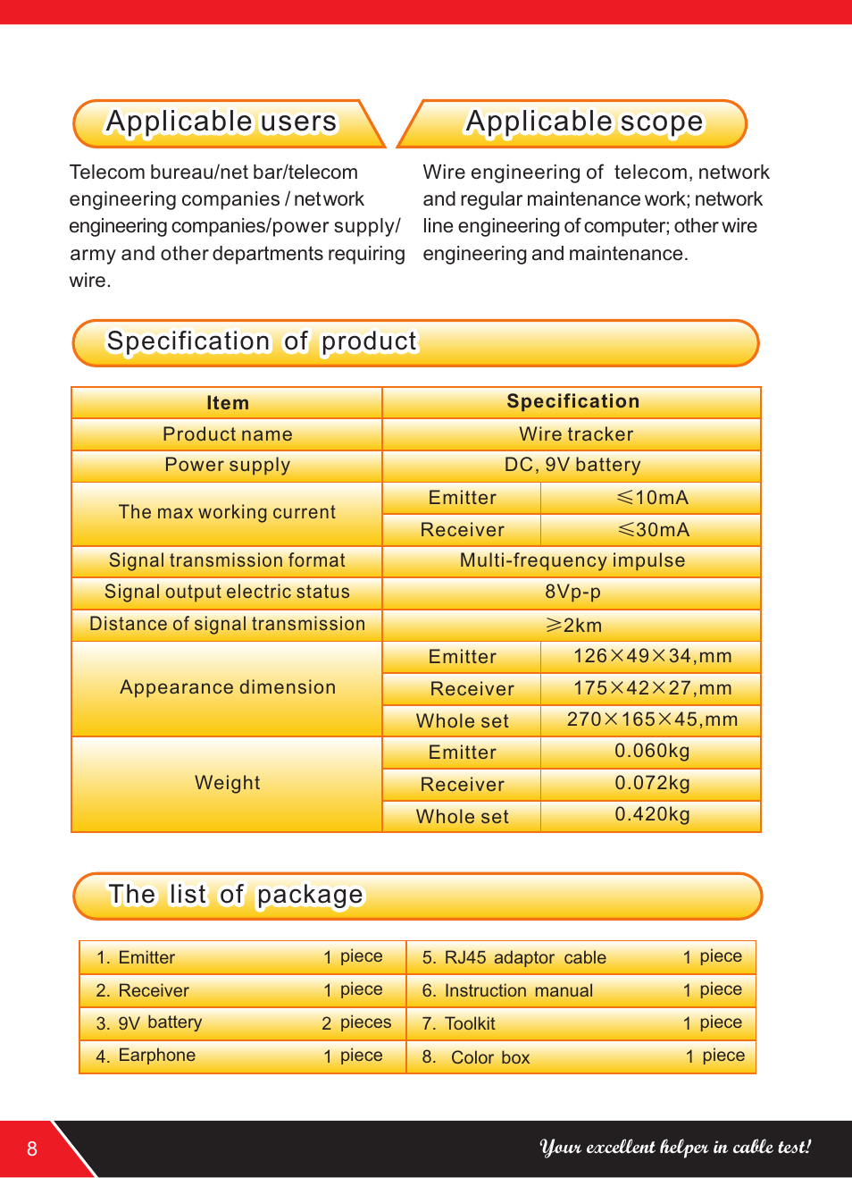 页 10, Applicable users, Applicable users applicable scope applicable scope | Specification of product, The list of package | NOYAFA NF-889 User Manual | Page 10 / 12